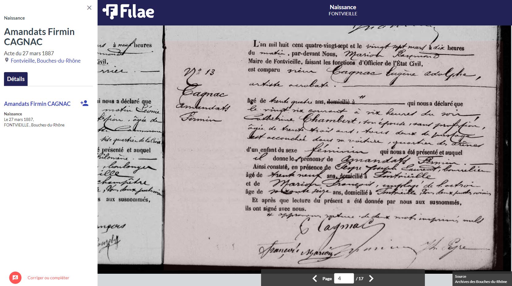 Acte de naissance de 1887