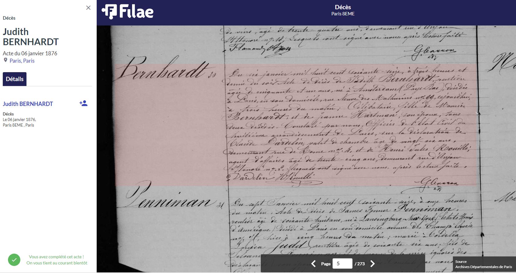 acte de décès de Judith Bernhardt