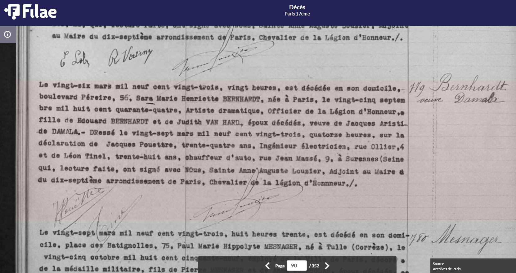 Acte de décès de Sarah-Bernhardt