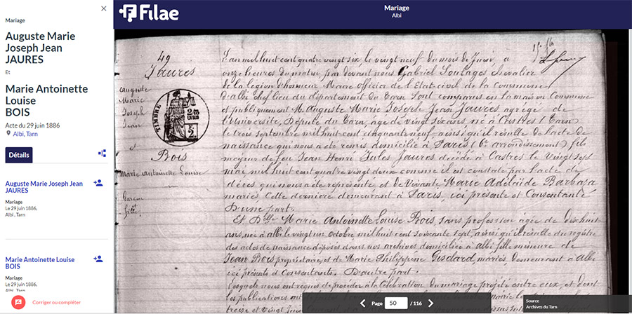 Mariage de Jean Jaurès et Marie Bois
