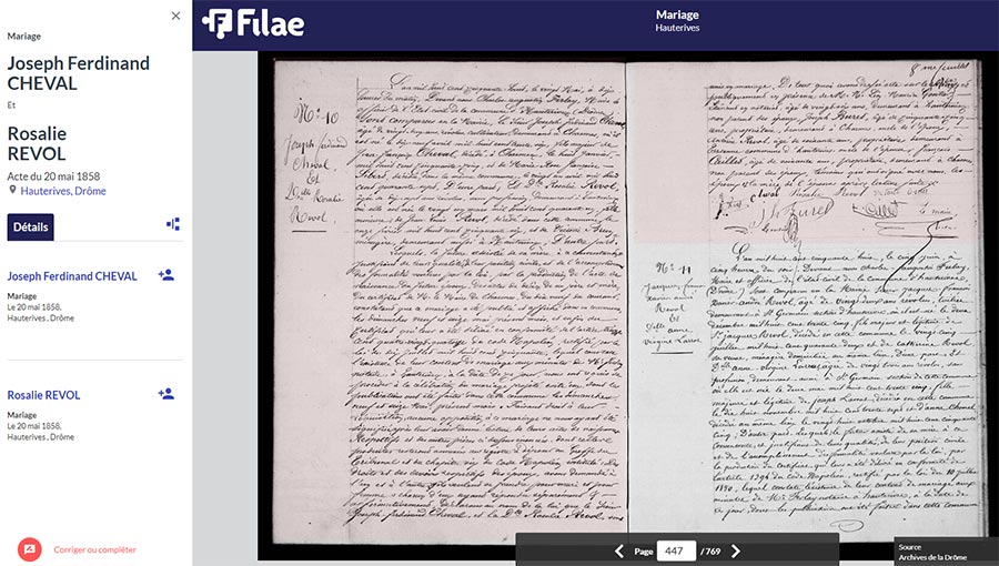 Acte de mariage de Ferdinand Cheval