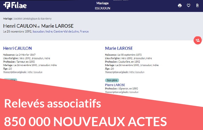 850 000 nouveaux relevés d’état civil 850 000 nouveaux relevés d’état civil