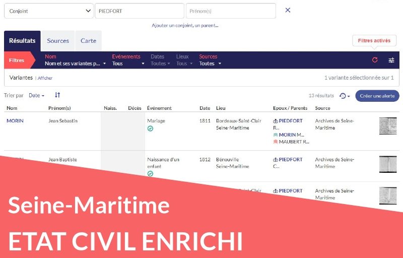 Nouveau : état civil de Seine-Maritime enrichi avec parents et conjoints