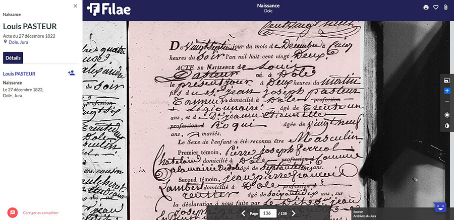 acte de naissance de Louis Pasteur