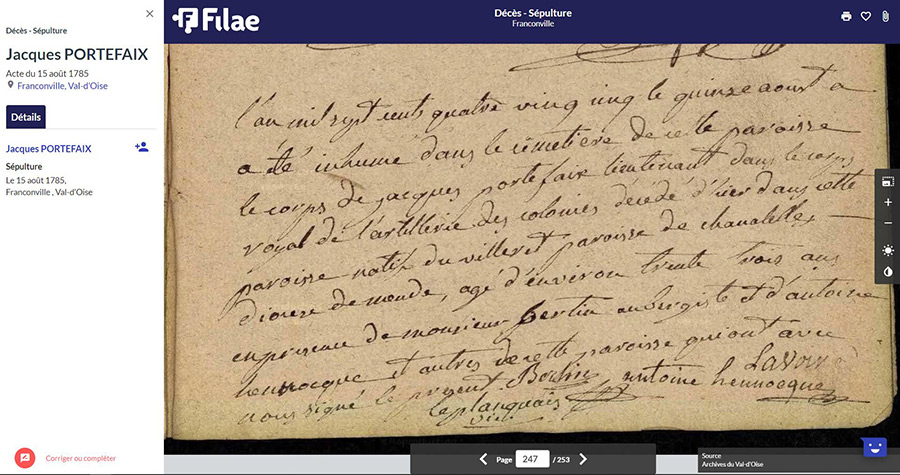 Sépulture registres paroissiaux Val d'Oise