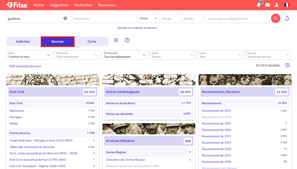 Interface de recherche par sources dans les archives Filae
